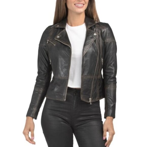 Bod & Christensen Genuine Leather Moto Jacket Zippers Classic Distressed Wm Sz L - Picture 2 of 11